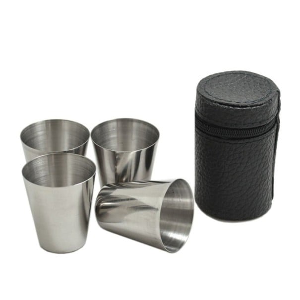 Set med snapsglas i rostfritt stål med fodral 4 st. 1