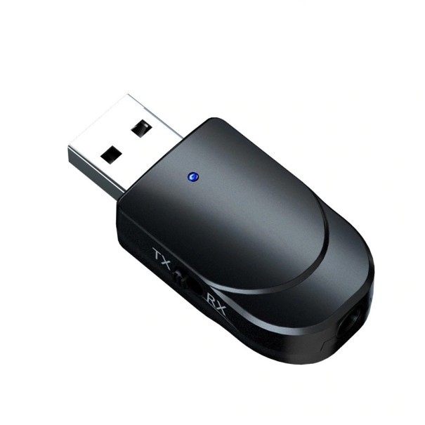 Bluetooth 5.0 ljudadapter 2i1 Mottagare och sändare med omkopplare Räckvidd 10 m Stereo ljud USB-kontakt och 3,5 mm jackuttag AUX-kabel ingår 1