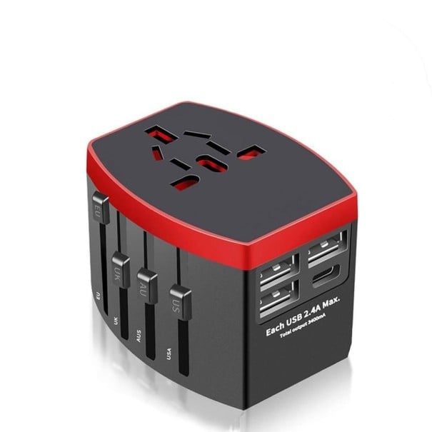 Universell reseströmadapter med 3x USB och 1x USB-C-port röd