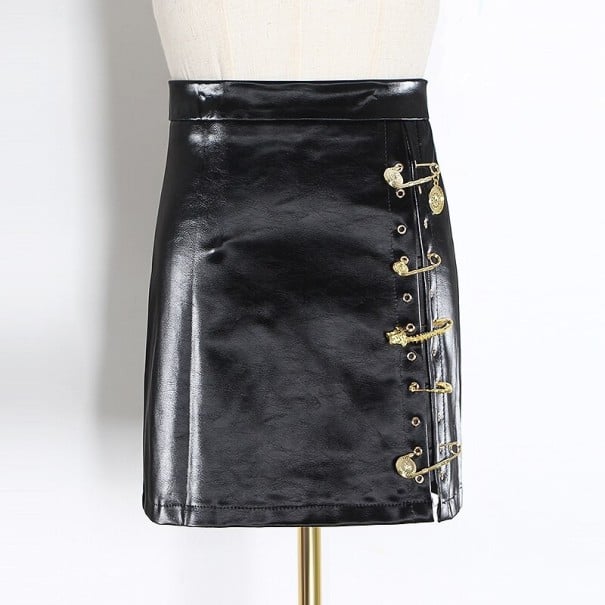 Falda de piel sintética para mujer con hebillas negro XS