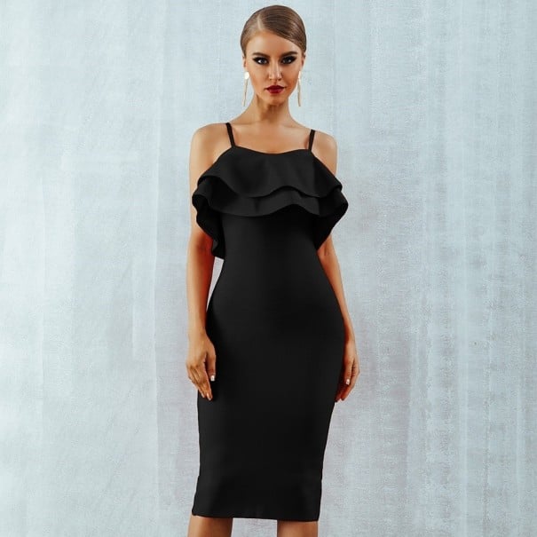 Vestido de noche con volantes negro L