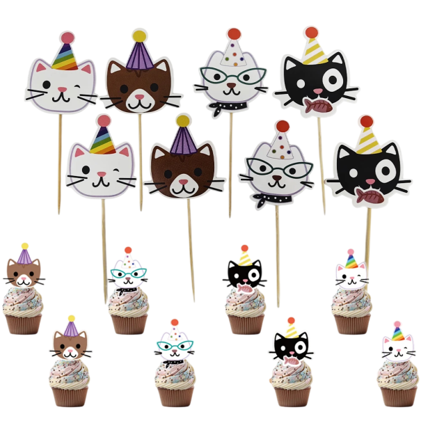 8 pcs Cake Toppers Cats with Birthday Hats 6 × 15 cm Paper Decorations on Skewers Cake Decoration for Children's Party 1