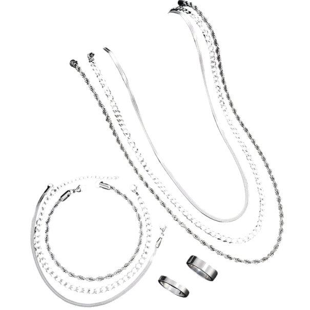8 pezzi Set di gioielli in acciaio inossidabile argento Unisex Punk Vintage 3 collane 3 bracciali 2 anelli per donne e uomini 1