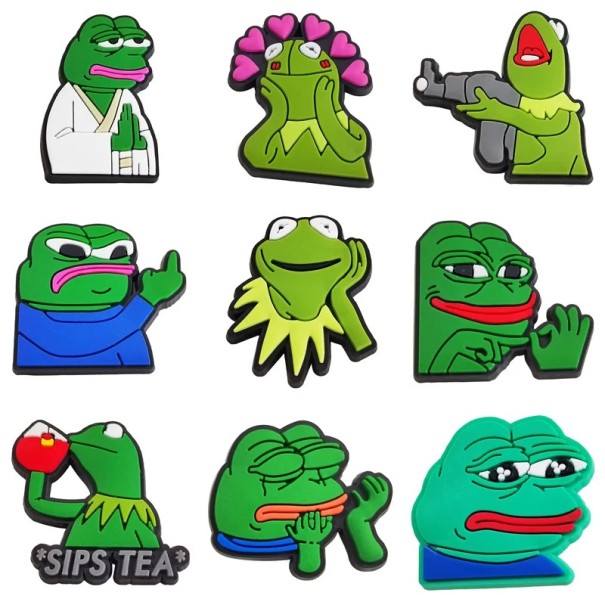 9 db dekoráció crocsyhoz animált békák PVC zöld színes díszek crocs cipőhöz kiegészítők klumpákhoz karaktermotívumokkal 1