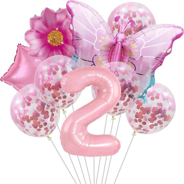 9 pcs Balões de Aniversário número 2 Borboleta flor Confetes Balões de látex e de folha Decoração de festa para o segundo aniversário celebração infantil 1