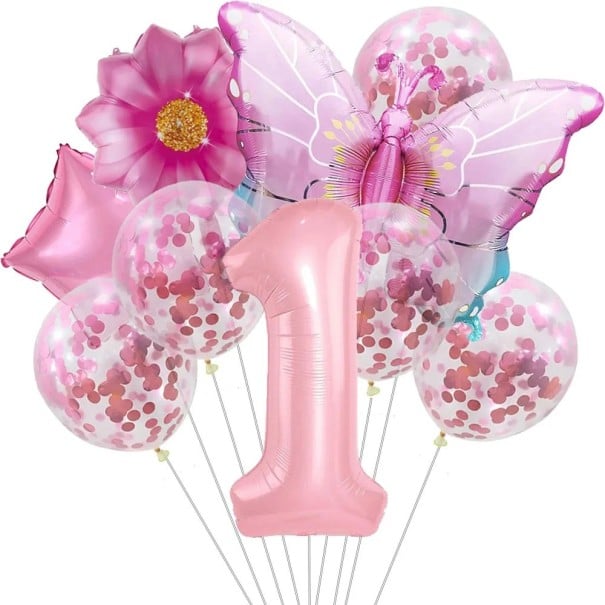 9 pcs Globos de cumpleaños número 1 Mariposa flor Confeti Globos de látex y de foil Decoración de fiesta para el primer cumpleaños celebración 1