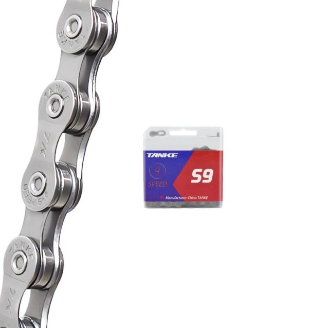 9 rychlostní řetěz na kolo TANKE S9-Y 1/2" x 11/128" 116 článků stříbrný s rychlospojkou MTB silniční šedá