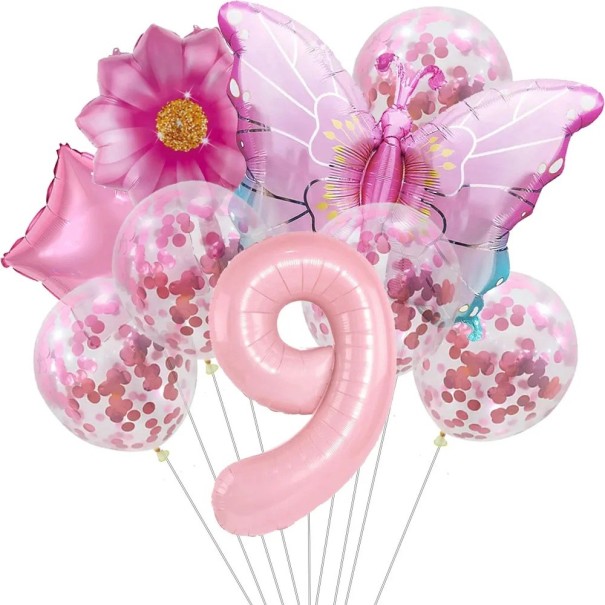 9 szt Narożnikowe balony z numerem 9 Motyl Kwiat Konfetti Balony lateksowe i foliowe Dekoracje na urodziny wystrój na dziecięce przyjęcie 1