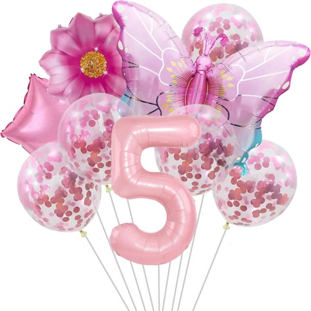 9 sztuk Balonów Urodzinowych z cyfrą 5 Motyl Kwiat Konfetti Balony Lateksowe i Folie Dekoracje na piąte urodziny impreza dla dzieci 1