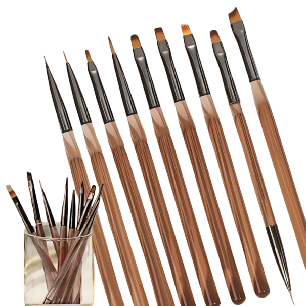 9-teiliges braunes Pinselset für Nägel 15,5 - 16 cm, 5,2 - 12,7 mm, feste feine Borsten 1
