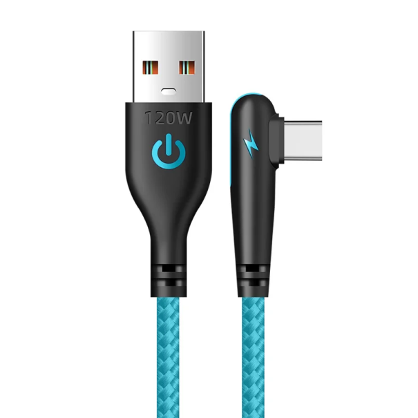 90-Degree Fast Charging Cable USB-C and USB-A 1.5 m Fast Charging 6A 120W Durable Connector Charging Cable Phone Accessory blue