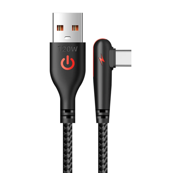 90-stupňový rýchlonabíjací kábel USB-C a USB-A 1,5 m rýchle nabíjanie 6A 120W odolný konektor nabíjací kábel príslušenstvo k telefónu čierna