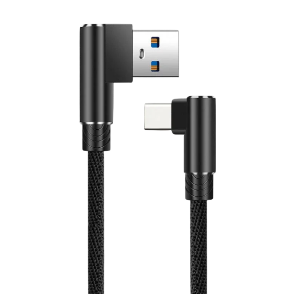 90-stupňový rýchlonabíjací USB C a USB A 2 m kábel 40W dátový kábel s pravým uhlom 5A rýchle stabilné nabíjanie a prenos dát čierna