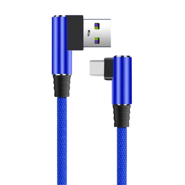 90-stupňový rýchlonabíjací USB C a USB A kábel 40W 1 m dátový kábel s pravým uhlom 5A rýchle nabíjanie a prenos dát modrá