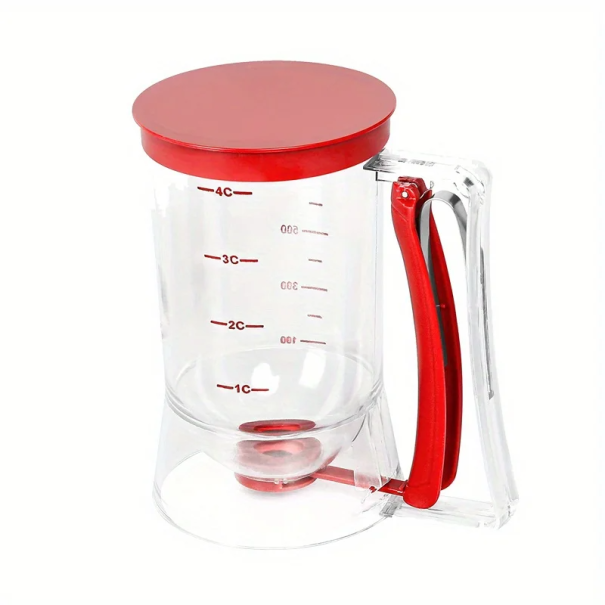 900 ml Dough Dispenser with Lever Mechanism Hand Funnel with Measuring Cup for Pancakes, Muffins, Cupcakes and Other Batters red
