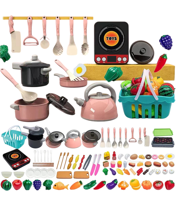 92 pièces Ensemble de cuisine pour enfants rose Ustensiles de cuisine en plastique et aliments Jeu de cuisine Accessoires pour cuisine d'enfants Jouet 1