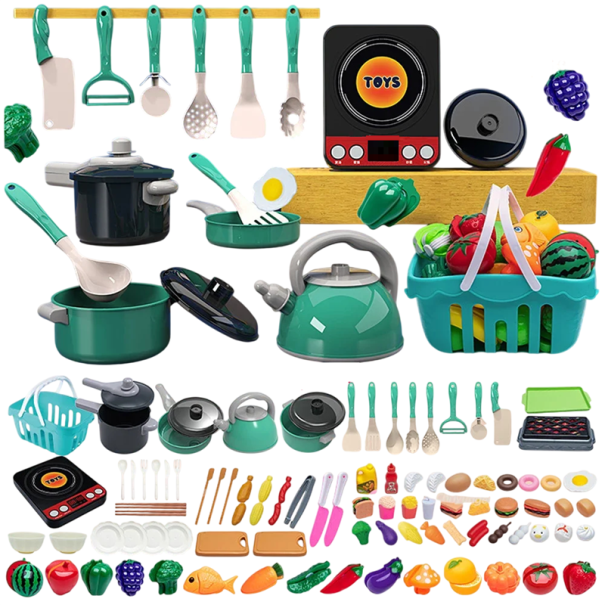92 stuks Groene kinderkeuken set Keukenaccessoires en voedsel Plastic speelgoed voor de kinderkeuken Compleet set keukenbenodigdheden 1