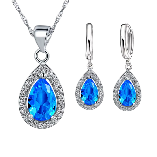 925 Sterling Silver Sada šperkov 45 cm Náhrdelník Náušnice Kapka Kryštál Prívesok Dámske Svadobné Elegantné set modrá