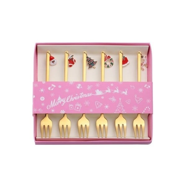 Tenedores navideños en caja de regalo 6 uds. dorado