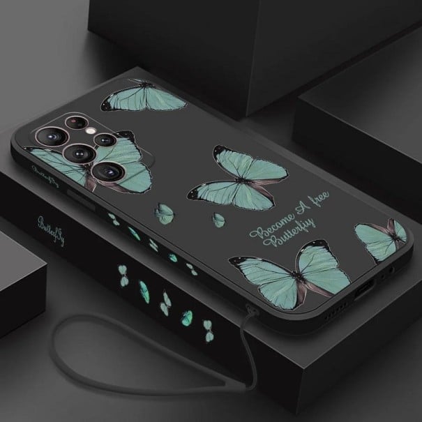 Siliconen hoesje met groen vlindermotief voor Samsung Galaxy S22 Ultra, zwart 1
