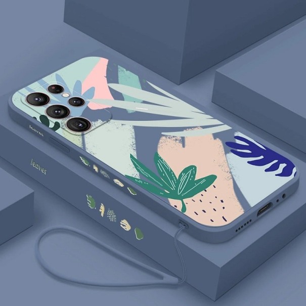 Siliconen hoesje met kleurrijk bladmotief voor Samsung Galaxy S23 Ultra, blauw 1
