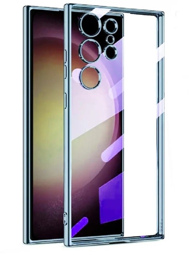 Transparante hoes met metalen frame voor Samsung Galaxy S23 lichtblauw