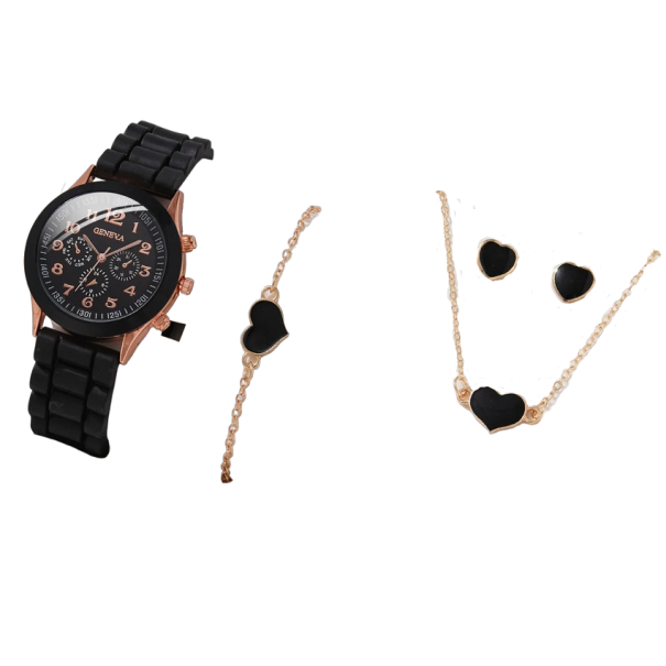 Presentset för kvinnor klocka, halsband, armband och örhängen med hjärta svart