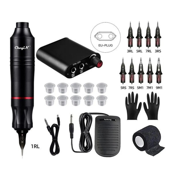 Tatueringssats med trådlös maskin, strömförsörjning, strömkabel, 10x tatueringspatroner och andra tillbehör 15,5 x 2,7 cm 1