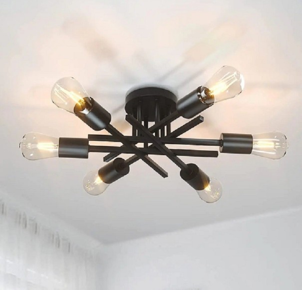 Modern ljuskrona för sex E27-lampor Halv infälld takkrona Takbelysning i metall Minimalistisk lampa 54 x 13 cm svart