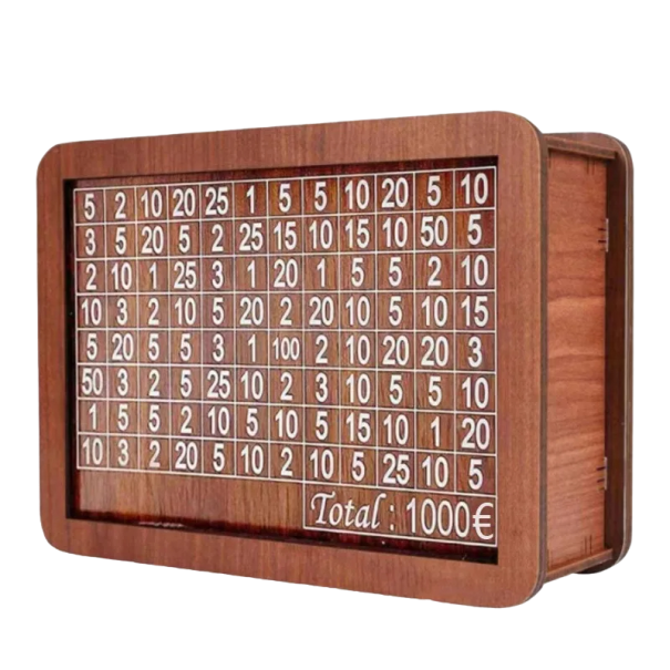 Sparkartong i trä Sparbössa i trä Träsparkar med disk för 1000 € 20 x 14,5 x 7,5 cm 1