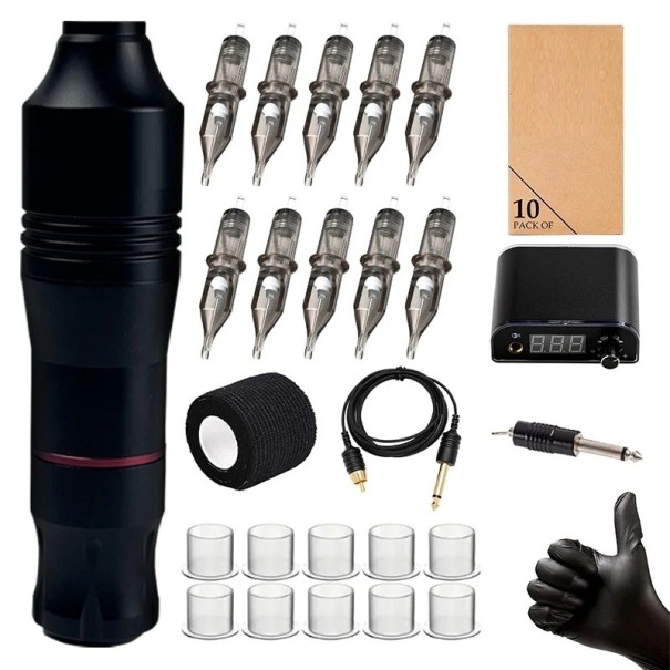 Tatueringssats med trådlös roterande tatueringsmaskin 11,5 x 3 cm Lågljud tatueringsnålset professionellt set 1