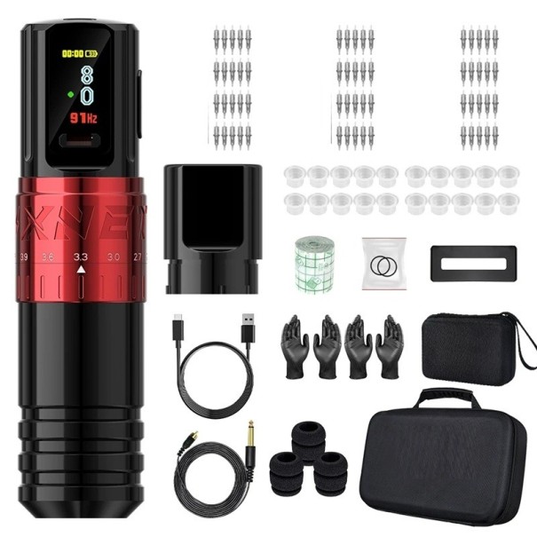 Trådlös tatueringsmaskinsats 14,5 x 3,6 cm Justerbar slaglängd 2,4-4,2 mm OLED-skärm 2400 mAh 10V 9000 rpm RCA och trådlös röd