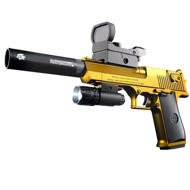 Gul airsoftpistol för barn 10 mjuka kulor Säker leksak med laser-sikte ficklampa och rikligt tillbehör 1