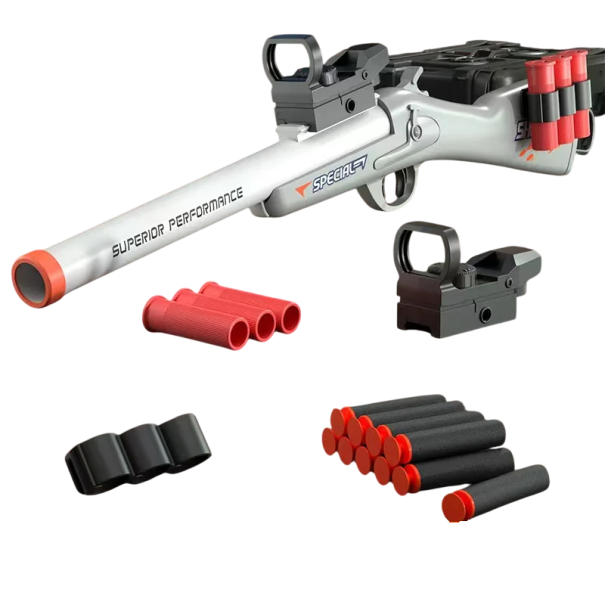 Airsoftpistol Barnpistol 57 cm Plastleksak för pojkar med sikte 10 mjuka kulor 3 projektiler Kulhållare grå