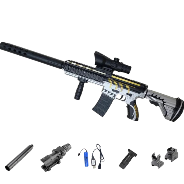 Elektrická airsoftová pistole na gelové náboje 85 cm Dětská zbraň se zaměřovačem a tlumičem Dostřel 12 m Hračka pro děti bílá