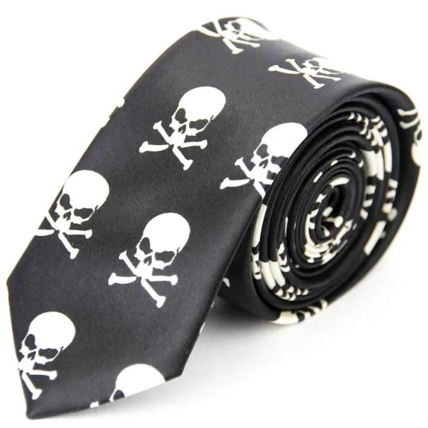 Tunn svart unisex slips med skallemotiv 145 x 5 cm Snygg gotisk slips Döskallemönster Rockmodeaccessoar för män och kvinnor för fester och konserter 1