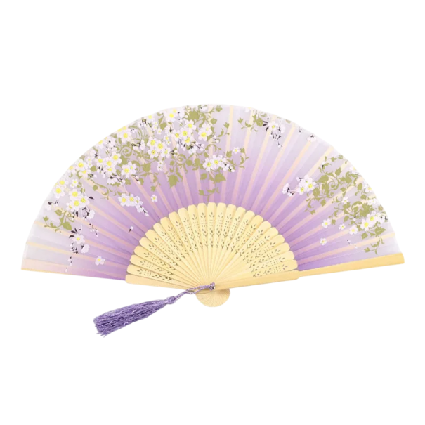 Abanico de bambú decorativo chino de 21 cm. Abanico plegable amarillo-morado con motivo floral para decoración de baile, sesión de fotos estilo 1