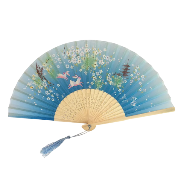 Abanico plegable de bambú para mujer china 21 cm Abanico decorativo tradicional con flores mariposas y conejitos Accesorio pintado a mano azul