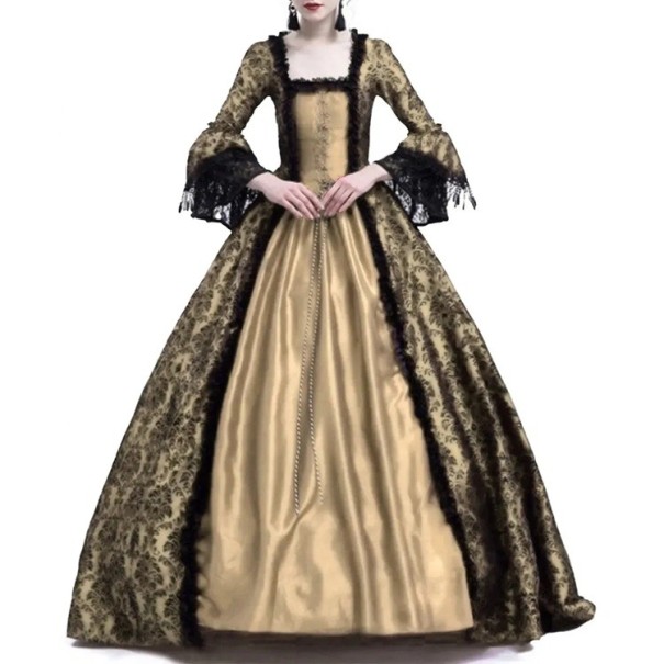 Abiti da ballo medievali per donna con maniche a campana e scollatura quadrata con pizzo e gonna ampia per eventi in costume e servizi fotografici oro XXL