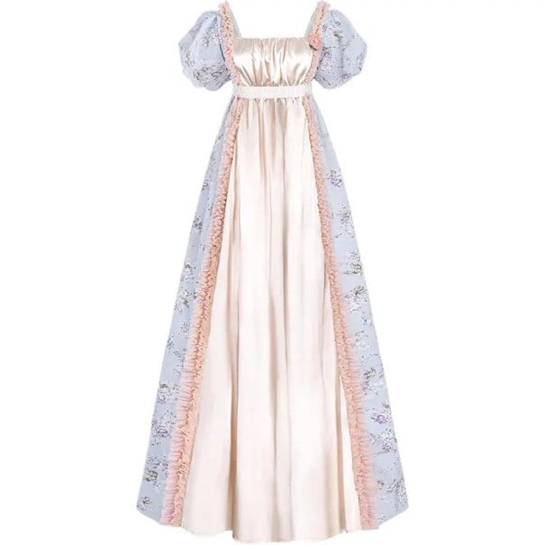 Abiti da ballo vittoriani da donna con vita alta e maniche a sbuffo con motivo floreale per eventi in costume e servizi fotografici beige con blu chiaro L