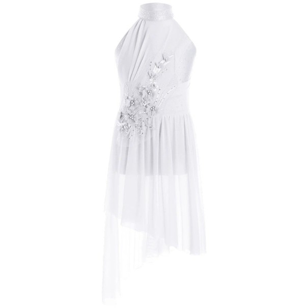 Abiti da danza per ragazze con gonna asimmetrica, applicazione floreale 3D e colletto con strass, abiti elastici in nylon per danza lirica bianco 10