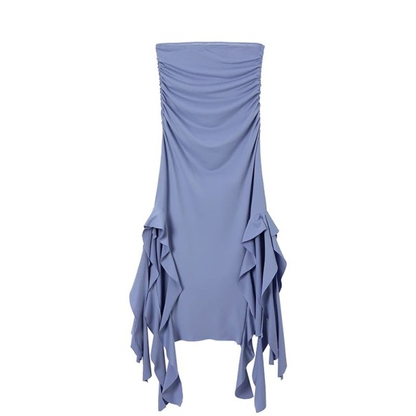 Abiti da sera lunghi senza spalline con orlo a volant asimmetrico e alte spaccature Abiti eleganti attillati da festa blu M