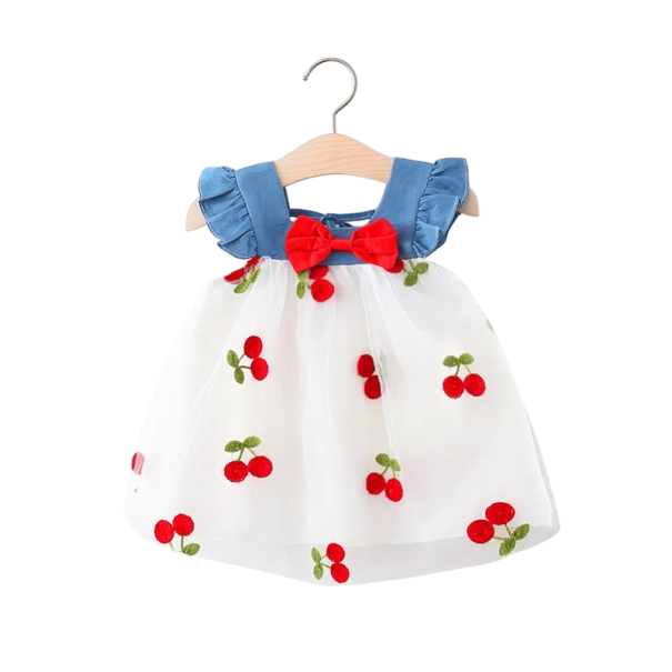Abiti estivi per bambine con motivo ricamato di ciliegie e fiocchetto con gonna in tulle e maniche corte per i più piccoli per l'estate e le feste bianco 3