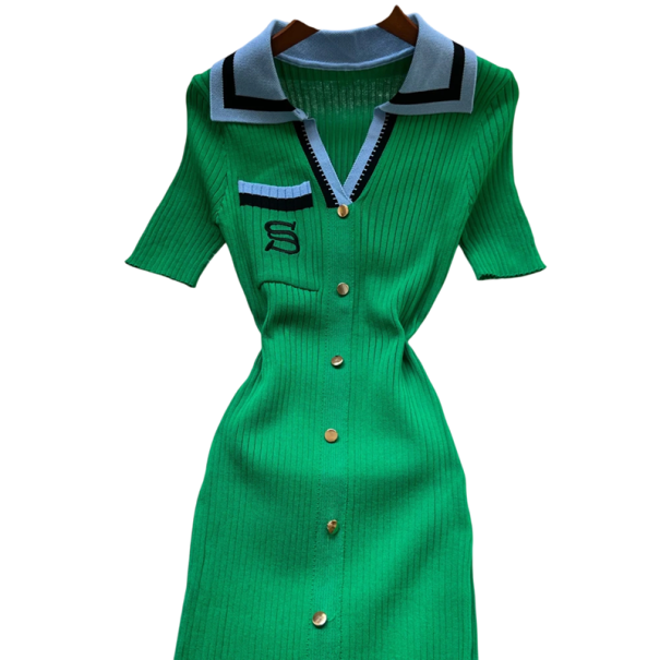 Abiti lunghi lavorati a maglia con ricamo e bottoni Abiti eleganti con colletto a V e maniche corte per uso quotidiano e occasioni speciali verde