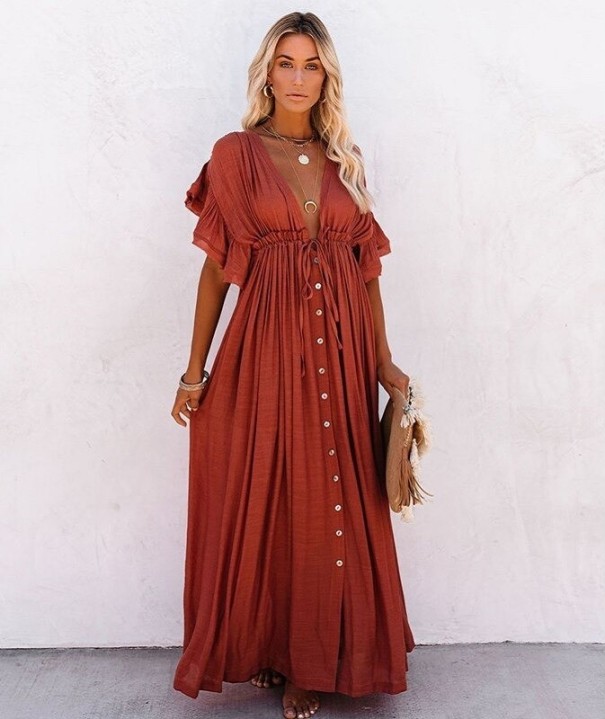 Abiti maxi estivi da donna P791 rosso mattone