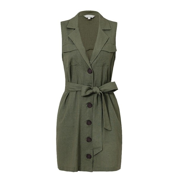 Abito mini a camicia senza maniche verde militare S