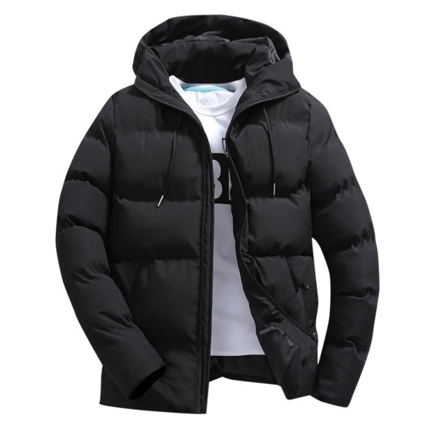 Abrigo de invierno para hombre Resistente al viento Diseño de invierno Cierre de cremallera Poliéster Capucha Bolsillos prácticos Comodidad diaria en invierno Abrigo moderno negro L