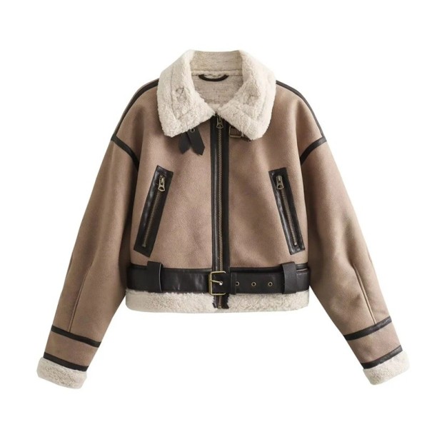 Abrigo de invierno para mujer Cierre con cremallera Cuello de felpa Cinturón en la cintura Fabricación en poliéster Abrigo elegante y cálido para invierno Abrigo estiloso para épocas frías marrón claro S