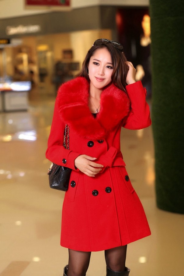 Abrigo de invierno para mujer con cuello distintivo J3021 rojo M