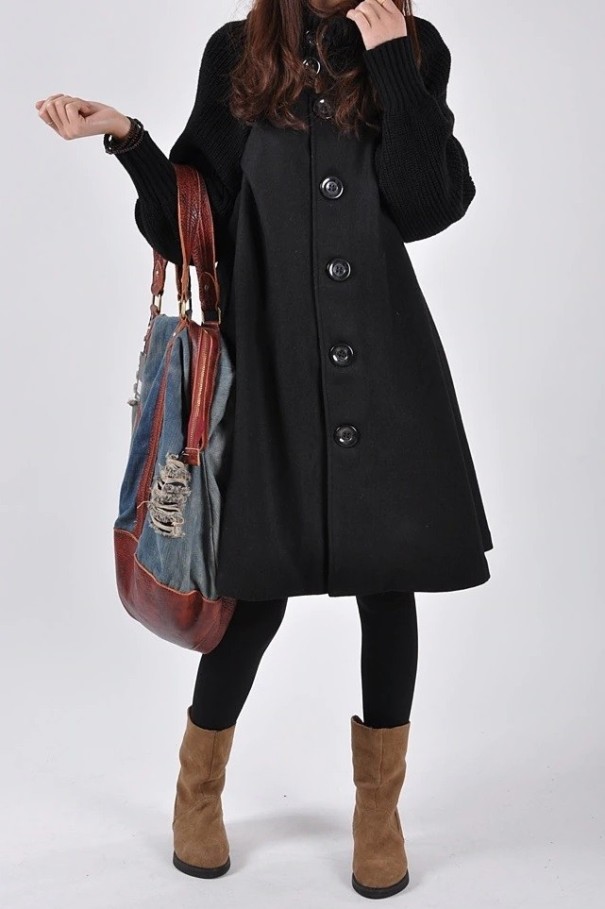 Abrigo de mujer con mangas de punto J1827 negro XL